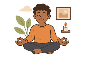 Man meditating in lotus pose for mental health and wellbeing. Mindfulness, relaxation, and self-care concept. Person practicing yoga for spiritual balance and harmony. Vector.