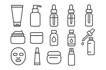 Skincare product outline icon set. Linear style collection of cosmetic containers. Vector illustration of cream, serum, mask, lotion, spray, and dropper bottles for beauty.