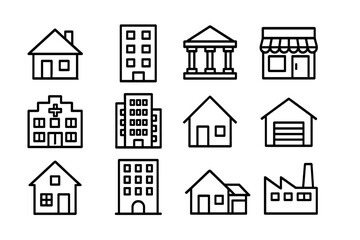 Fototapeta premium Various houses and constructions line icon collection, modern linear building icons for design, websites, apps, cards, includes apartments, banks, shops, hospitals, garages, factories