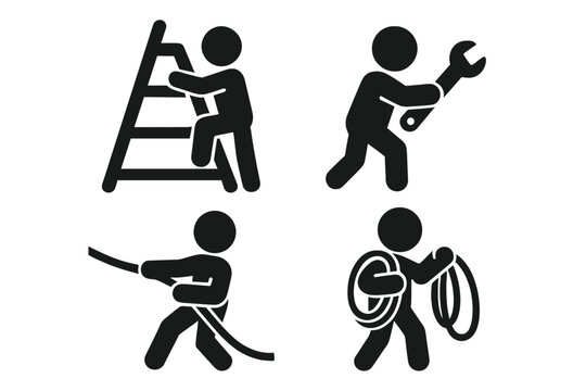 Worker icon set. Laborer stick figure solid glyph pictogram symbol. Man climbing ladder, using wrench for repair, pulling rope. Manual labor, construction vector illustration.