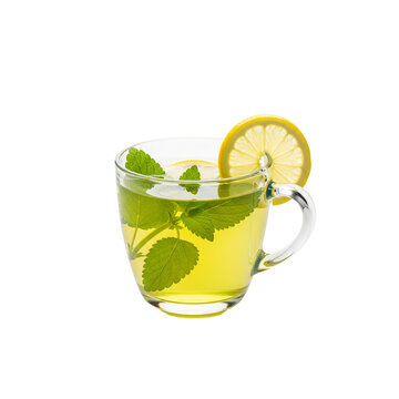 Glass mug of lemon balm tea with glowing yellow-green color, photorealistic, white background
