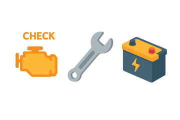 Vehicle diagnostics icons for car service. Isometric flat icon set of vehicle health, engine check light, wrench tool, battery. Auto repair and maintenance concept.