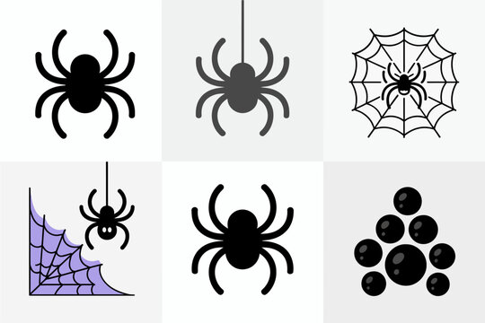 Spider silhouette vector set, web and arachnid icons, creepy Halloween emblem collection, spider web patterns, spooky insect graphics