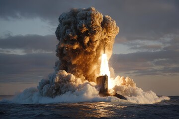Nuclear war. Launch of a nuclear ballistic intercontinental missile from submarine. An intercontinental nuclear missile launches from the submarine, signaling potential global conflict.