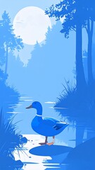 Obraz premium A vibrant blue duck stands by a tranquil lake in a serene woodland scene under a luminous moonlit sky.