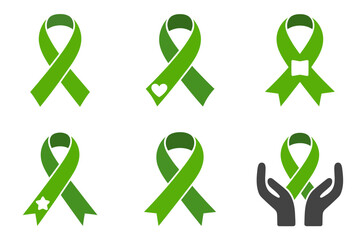 Environmental ribbon awareness icons, green looped ribbons with hands, bow variations, support charity campaign graphics, eco solidarity symbols