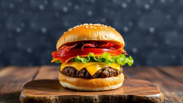 Juicy bacon cheeseburger with fresh lettuce and tomato on a sesame seed bun - Powered by Adobe