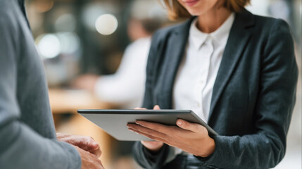 Businesswoman in suit uses tablet in modern office setting