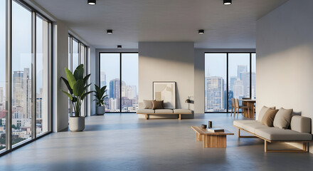 Fototapeta premium Light-Filled Modern Apartment Overlooking City Skyline with Minimalist Furniture and Potted Plants Creating a Serene Urban Oasis