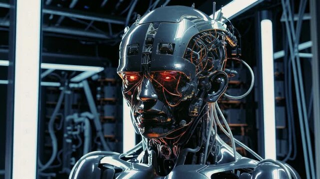 Futuristic cyborg head with glowing eyes, surrounded by wires and machinery. Close-up angle, capturing a sci-fi video game aesthetic.