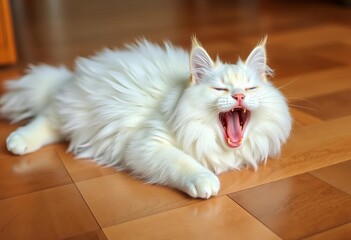 A fluffy white cat stretches wide in a large yawn, lying on a hardwood floor,  animal photography,  sleep