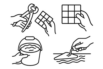 Mosaic Art Tools Icons Set. Outline vector illustration of hands using mosaic tile cutter, mosaic tile, grout bucket, trowel, adhesive in cartoon style for crafting and DIY