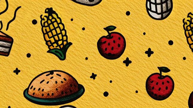 Vibrant seamless pattern featuring corn and fruit illustrations on a bright yellow textured background perfect for festive autumn harvest celebrations
