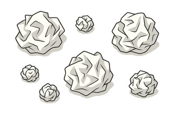 Crumpled paper balls vector set. Wastepaper and garbage concept for mistakes and failed ideas. Office brainstorming, creativity block metaphor. Trash, rubbish and recycling.
