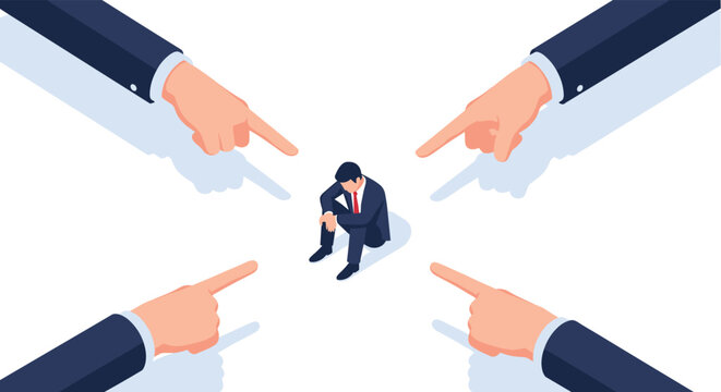 Isolated businessman overwhelmed by multiple pointing fingers, feeling stressed and blamed in professional setting