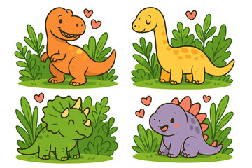 Cute cartoon dinosaur set. Baby T-Rex, Triceratops, Brontosaurus, Stegosaurus characters. Kawaii dino mascot collection for kids. Funny prehistoric animal vector illustration.