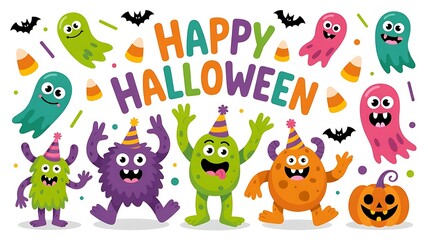 Happy Halloween Greeting Card with Cartoon Creatures, Colorful cute monster party banner in playful style Cartoon adorable creatures Vector template with fun monster, created with generative ai	
