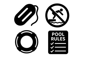 Pool Safety Icons Set, Solid Filled Vector with Lifeguard Float, No Diving Sign, Life Preserver Ring, and Pool Rules Checklist, Cartoon Style Safety Symbols for Swimming Areas