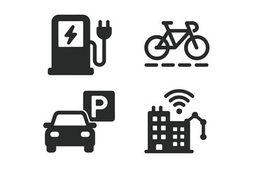 Smart Mobility Icons Set, Urban Infrastructure Vector Illustrations with Electric Vehicle Charging Station, Bike Lane, Parking Spot, and Connected Smart City Technology Symbols