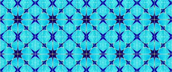 Fototapeta premium Abstract geometric blue tile pattern background texture, seamless repeat, retro, textile