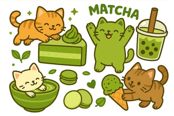 Cute cats and matcha green tea sweets set. Kawaii kittens with cake, boba tea, ice cream, and macarons. Vector cartoon character illustration collection for food lovers.