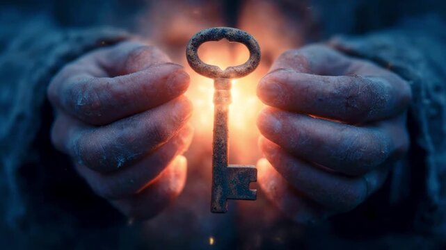 Mysterious hands holding an ancient key glowing with light, symbolizing secrets and discovery