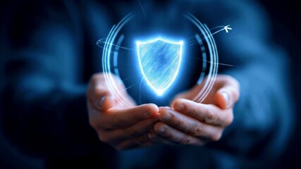 Futuristic hands holding a glowing shield symbolizing protection and security in a digital landscape - Powered by Adobe