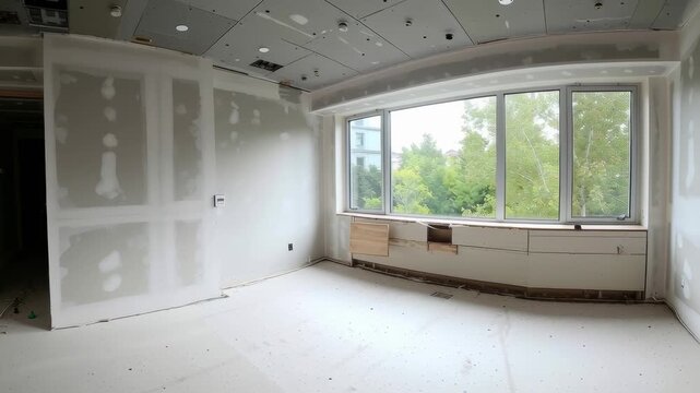 Unfinished apartment room with drywall construction and large window showcasing bright natural light and green trees outside