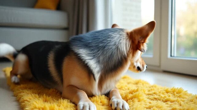 cute mixed breed dog lying on yellow rug next to the window, looking away. Pets indoors