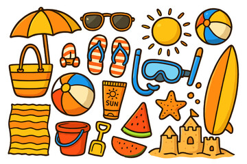 Summer beach essentials and fun activities for sunny ocean days. Vector cartoon illustration with flip-flops, sunglasses, umbrella, beach ball, snorkel gear, sandcastle and watermelon