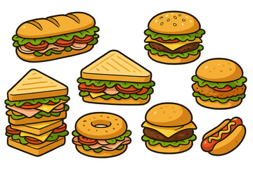 Cartoon fast food vector collection. Set of various sandwiches, burgers, hot dog, and bagel. Isolated icons of hamburger, cheeseburger, sub, and club sandwich for a menu.