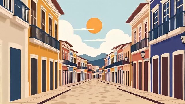Vibrant colonial street scene unfolds under a bright sun, showcasing colorful buildings and historic charm.