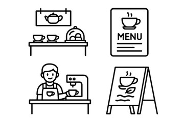 Tea Shop Icon Set, Outline Vector Graphics of Tea Shop and Caf&eacute; Elements Including Counter Display, Menu Board, Barista Station, Chalkboard Sign, Cartoon Style Illustration