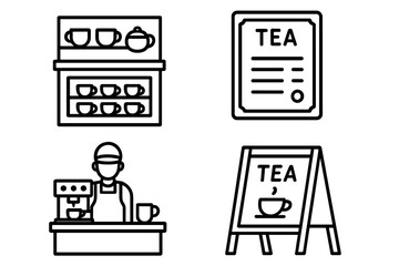 Tea Shop Icon Set. Outline vector collection of tea shop and caf&eacute; elements including counter display with cups, menu board, barista station, and chalkboard sign, cartoon style.