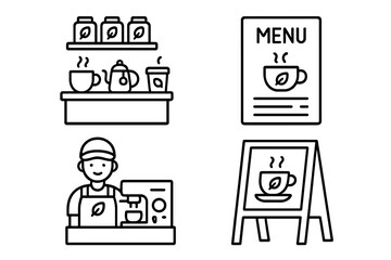Tea Shop Icon Set, Outline Vector Collection of Tea Shop and Caf&eacute; Elements Including Counter Display, Menu Board, Barista Station, Chalkboard Sign, Hand-Drawn Cartoon Style
