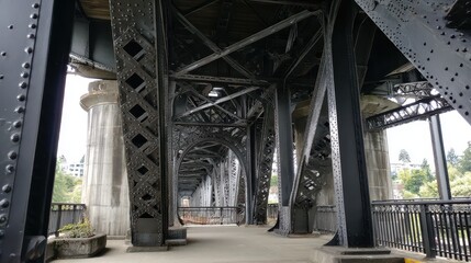 Fototapeta premium Riveted steel bridge supports, walkway underneath, views of greenery, overcast daylight