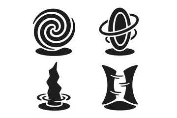 Time-space portal icons, vector solid filled set of swirling vortex gates, spinning rings, time rift portals, space fold gateways, cartoon style vector illustrations for sci-fi design