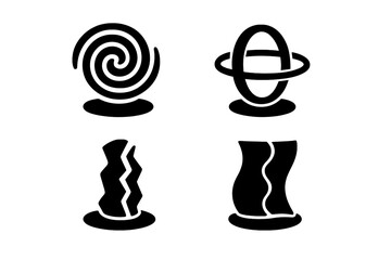 Time-Space Portal Icons Set, Solid Filled Vector Graphics Featuring Vortex Gates, Spinning Rings, Time Rifts, Space Folds, Futuristic Sci-Fi Gateway Concepts, Cartoon Style