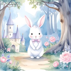 Obraz premium A charming white rabbit with a light purple bow sits on a path in front of a whimsical castle, surrounded by flowers and trees in a dreamy, pastel-colored landscape.