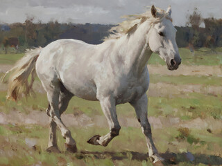 Fototapeta premium Artistic oil painting style of a majestic white horse running gracefully in an open green field. The detailed brush strokes and natural lighting create a classic and timeless artwork.