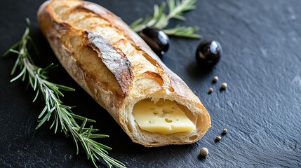 A baguette with cheese inside, accompanied by rosemary sprigs, black olives, and peppercorns, placed on a black slate surface, creating a sense of French culinary refinement.