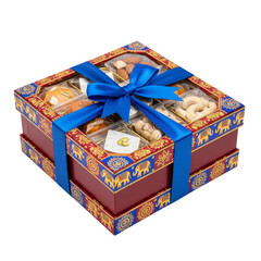 Exquisite assorted Indian sweets and nuts presented beautifully in a festive gift box adorned elephants