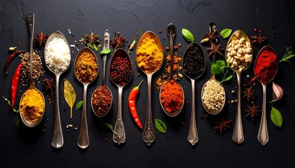 Crédence de cuisine Herbes A collection of various colorful spices in vintage spoons, arranged artistically on a dark background.  © Saleho
