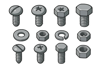 Various types of metallic fasteners including screws, bolts, washers, and nuts on a neutral background, vector cartoon illustration, hardware elements for construction and repair projects