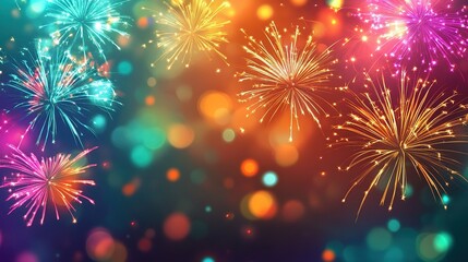 Colorful fireworks in illustrative style: brilliant light effects with vibrant backdrop, creating a dazzling fireworks display scene, suitable for celebration and festival-themed design