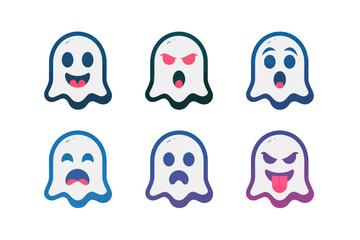 Cute ghost vector set, cartoon spooky spirits with funny expressions, halloween character icons, friendly phantom clipart, children party graphics