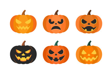 Pumpkin jack o lantern vector set, carved faces with spooky expressions, halloween decoration icons, orange and black seasonal clipart