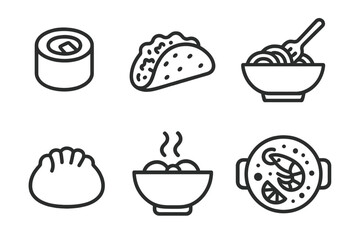 World food icons. Global cuisine line icon set. Vector collection of international dishes: Japanese sushi, Mexican taco, Italian pasta, Chinese dumpling, paella, curry.
