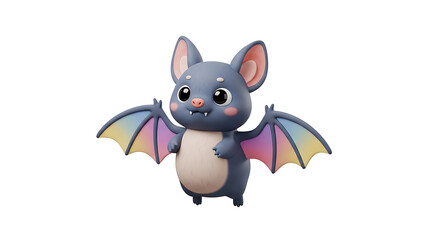 Obraz premium A cute, cartoon-style bat with rainbow-colored wings stands with a friendly expression against a white background.