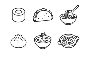International cuisine line icon set. World food collection with sushi, taco, pasta, paella, dumpling, curry. Vector outline symbols for restaurant menu or delivery.